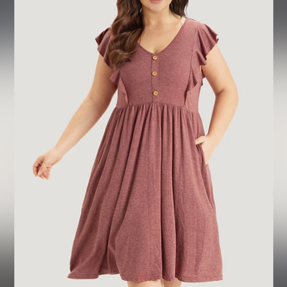 BloomChic Dresses & Skirts - BloomChic Red Heather Flutter Trim Button Detail Gathered Dress Size Medium